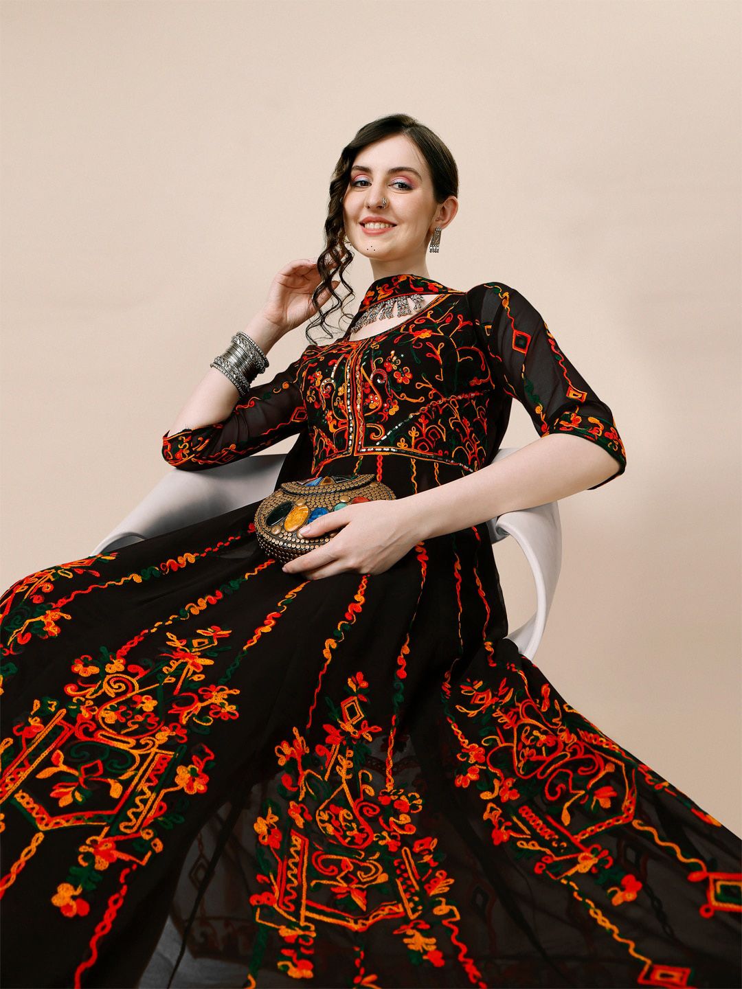 KALINI Floral Thread Work Pleated Anarkali Kurta with Dupatta