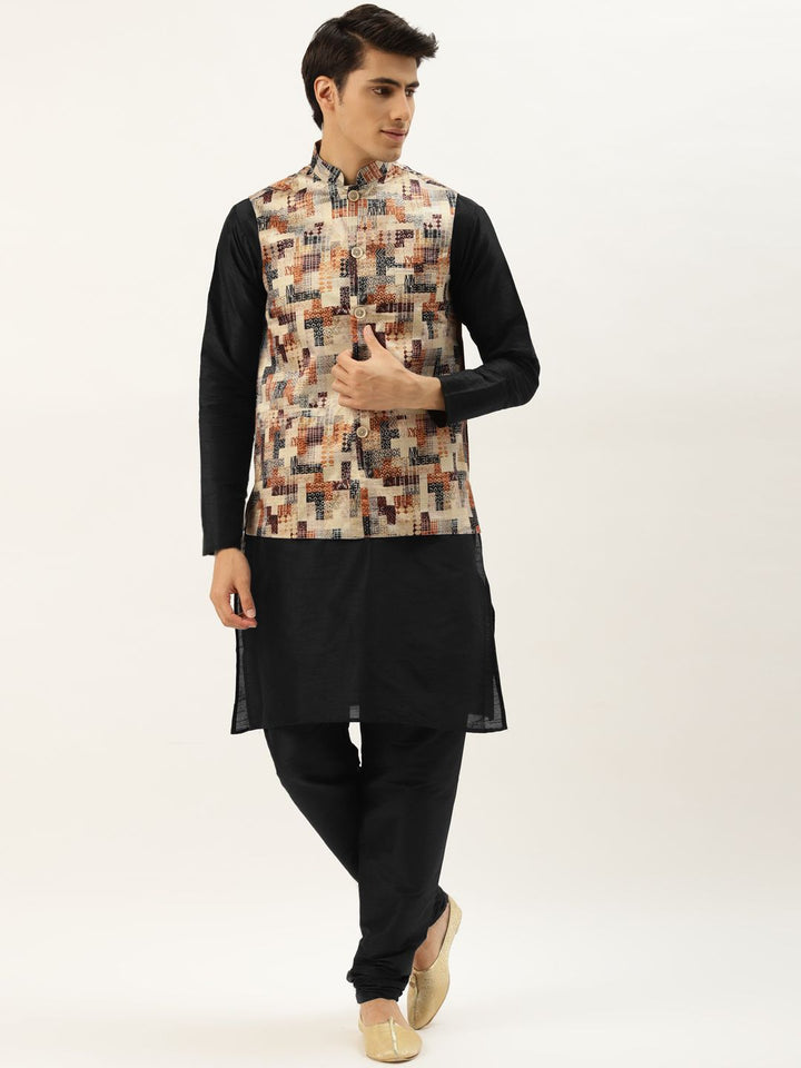 SOJANYA Men Black Solid Kurta with Churidar & Nehru Jacket