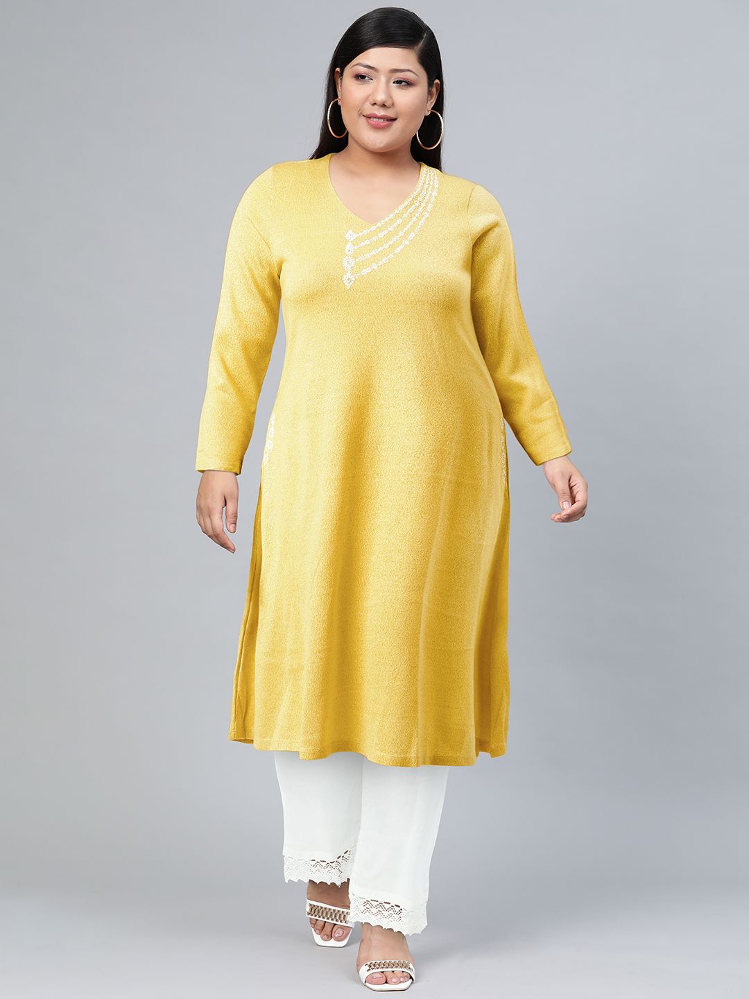 W V-Neck A-Line Regular Fit Straight Acrylic Kurta