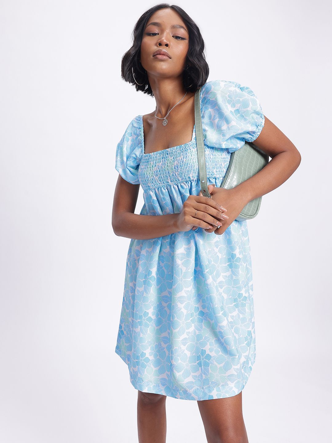 DressBerry Smocked Floral Print Mini A-line Dress