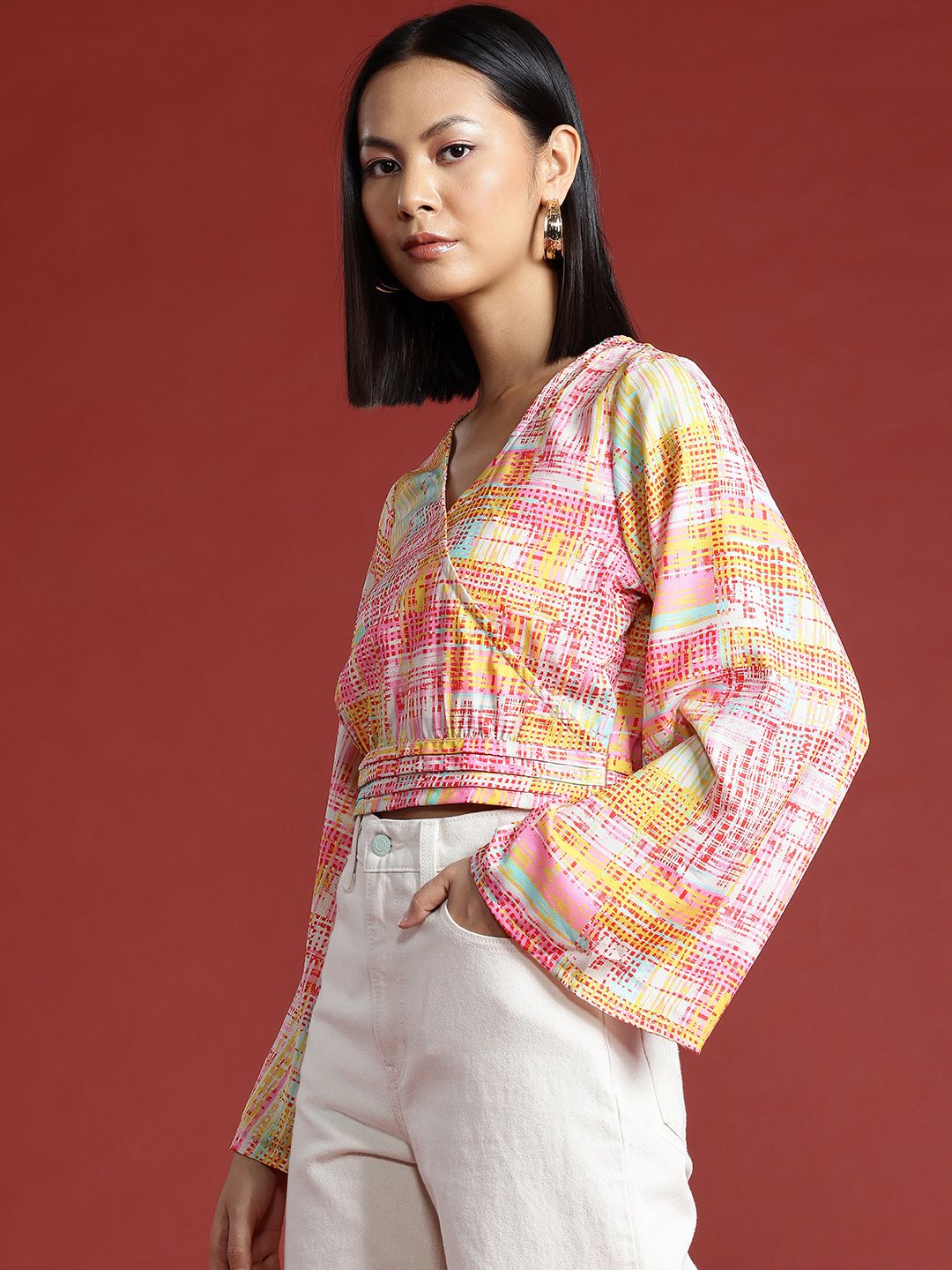 all about you Geometric Print Flared Sleeve Wrap Crop Top