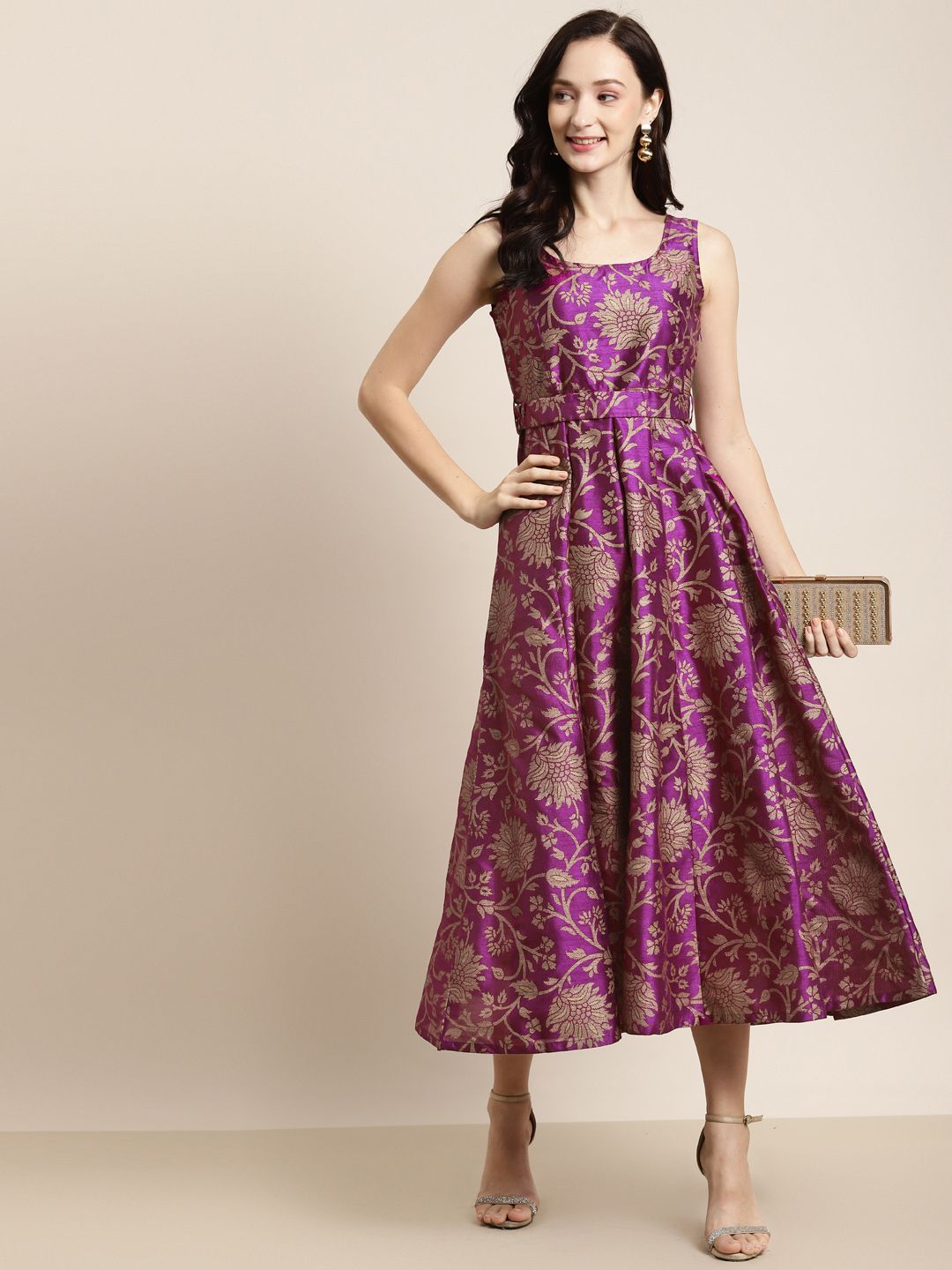 Shae by SASSAFRAS Purple & Gold-Toned Floral Jacquard Self-Belt Maxi Dress
