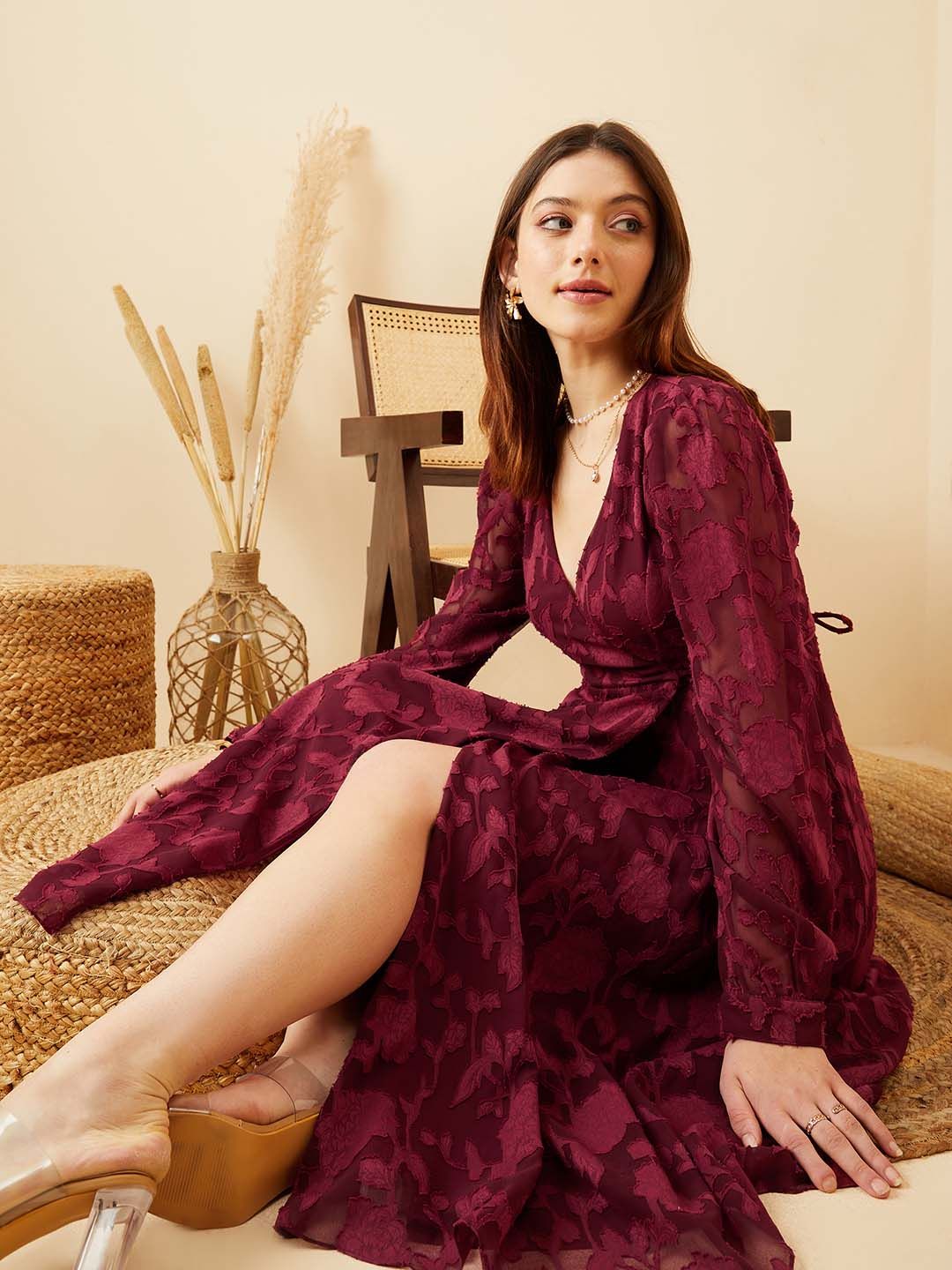 Berrylush Maroon Bishop Sleeve Layered Jacquard Midi Dress