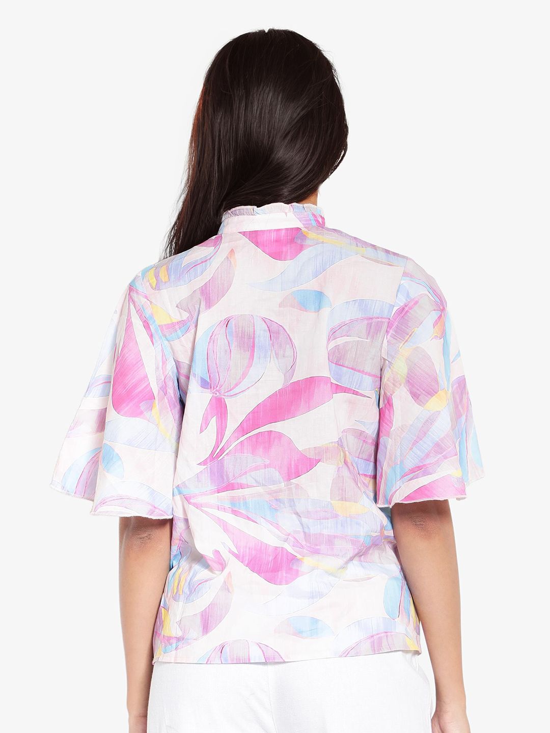 RAREISM High Neck Floral Print Flared Sleeve Cotton Top