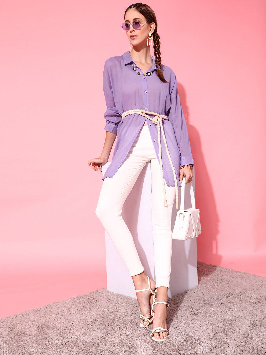 STREET 9 Women Lavender Solid Oversize Shirt
