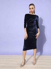 STREET 9 Women Navy Blue Solid Velvet Dress