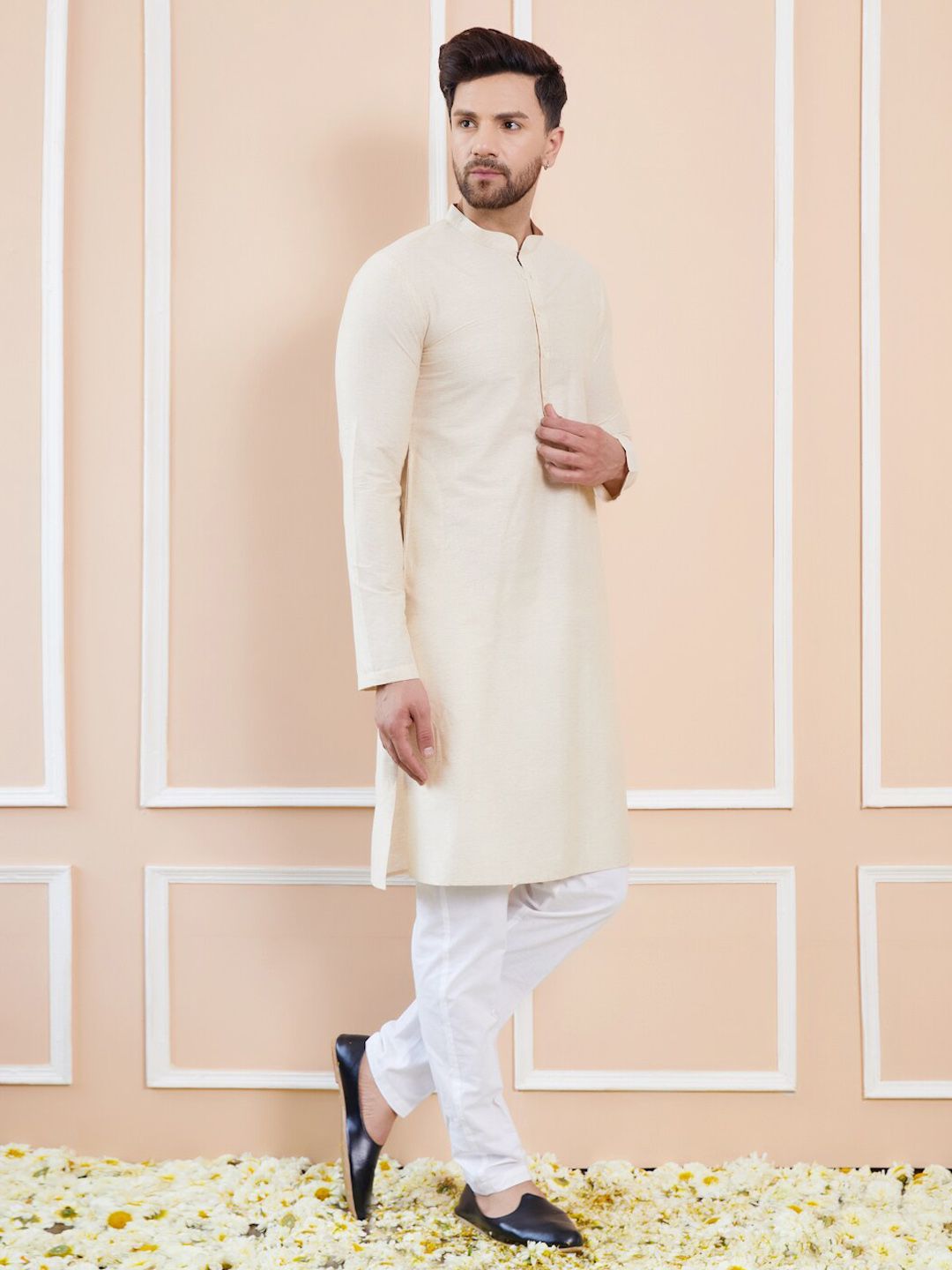 See Designs Mandarin Collar Long Sleeves Cotton Thread Work Kurta