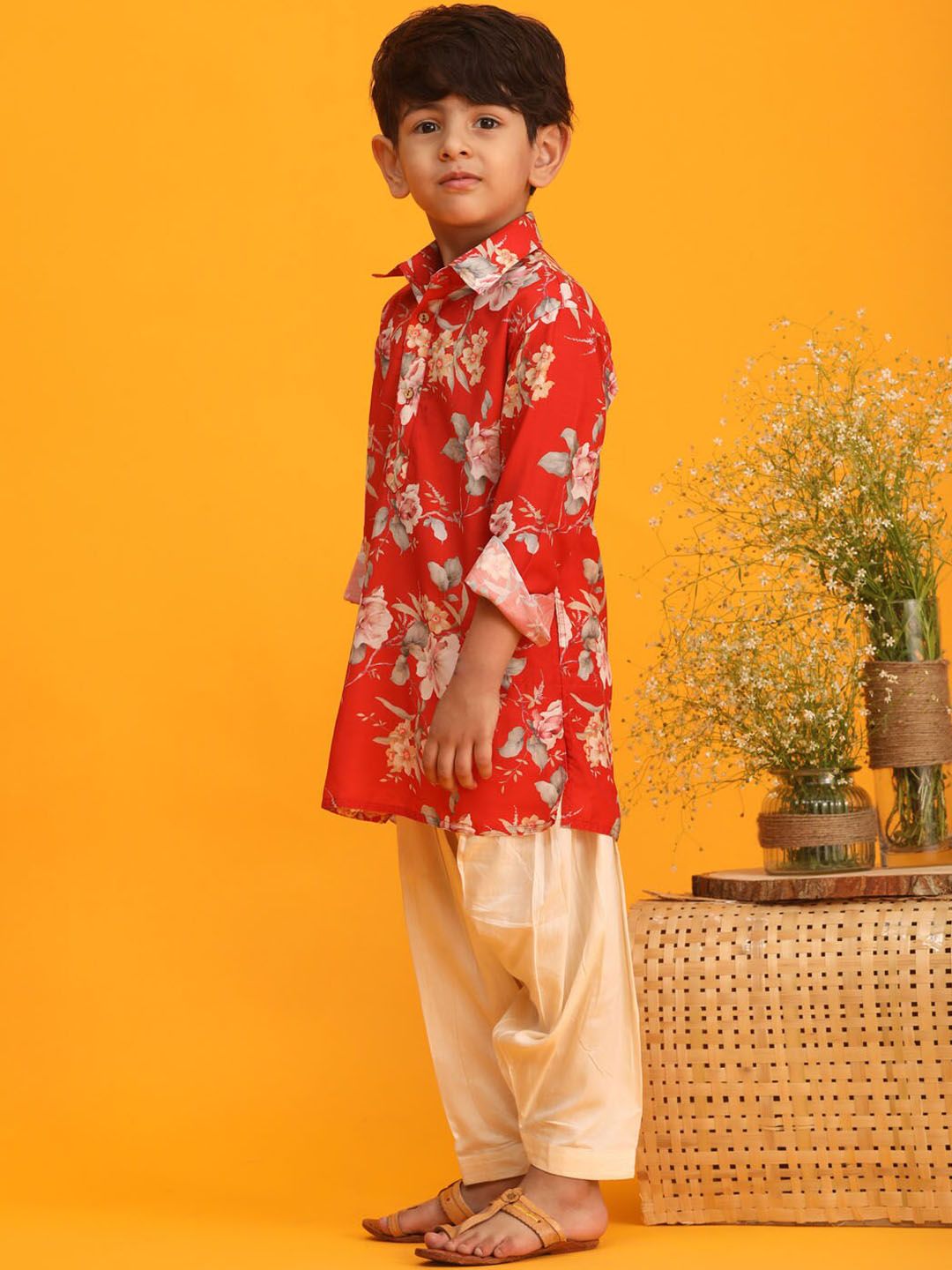 VASTRAMAY Boys Floral Printed Shirt Collar Kurta With Pyjamas