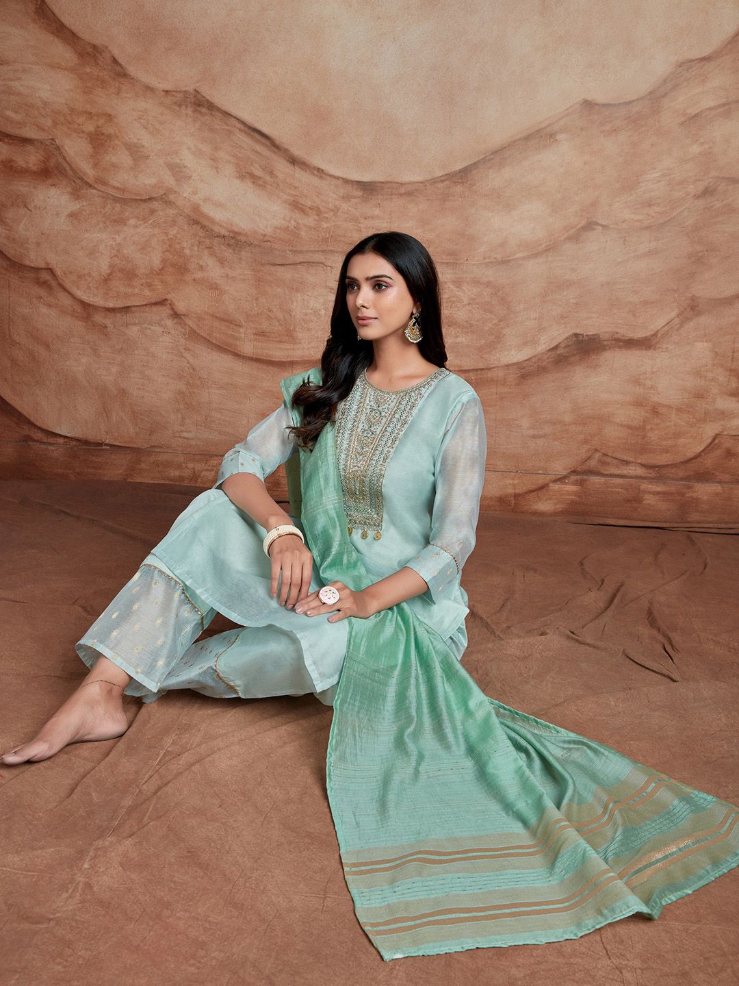 KALINI Ethnic Motifs Embroidered Sequinned Chanderi Silk Kurta with Palazzos & Dupatta