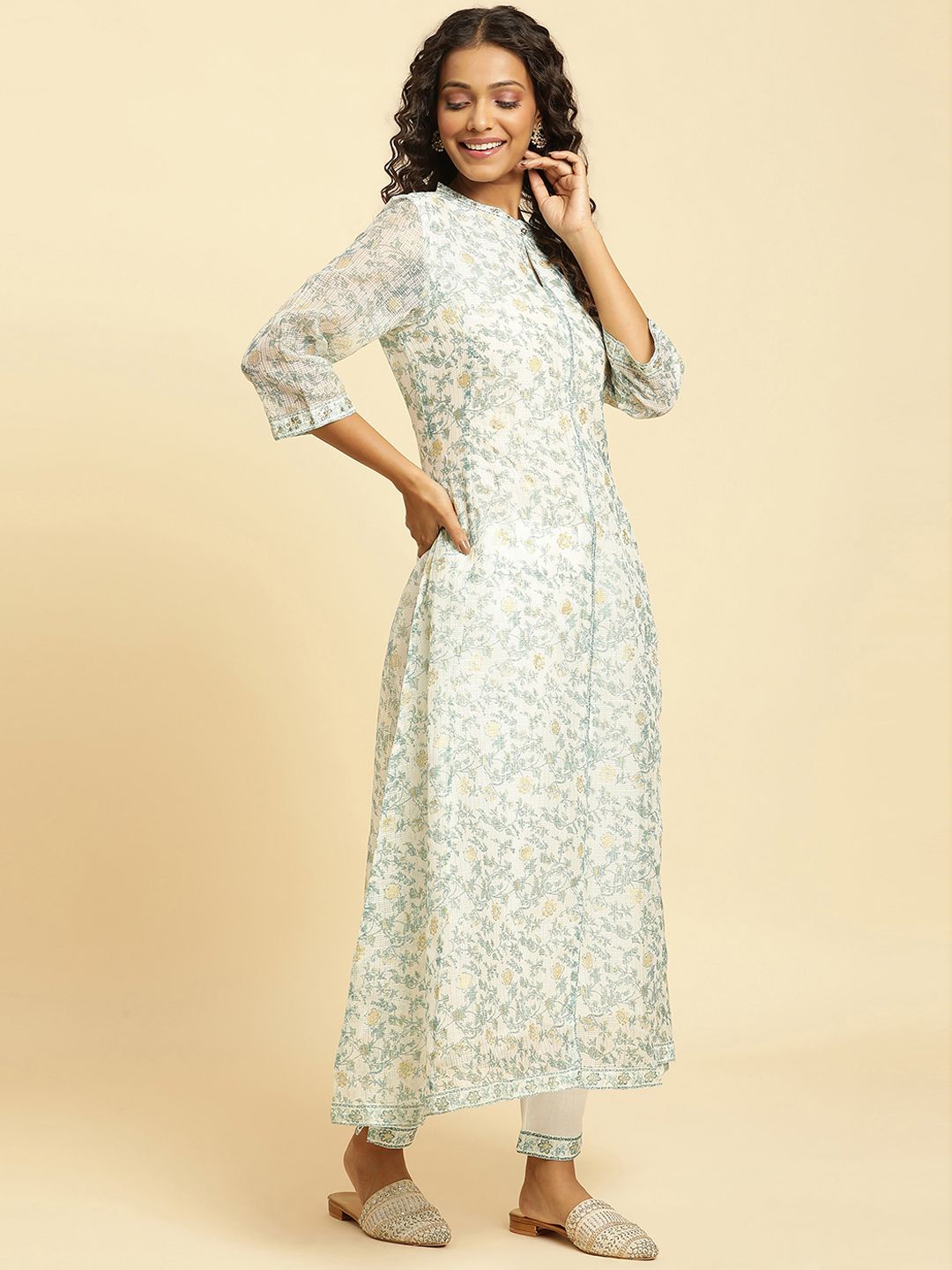 W Floral Printed Band Collar A-Line Kurta