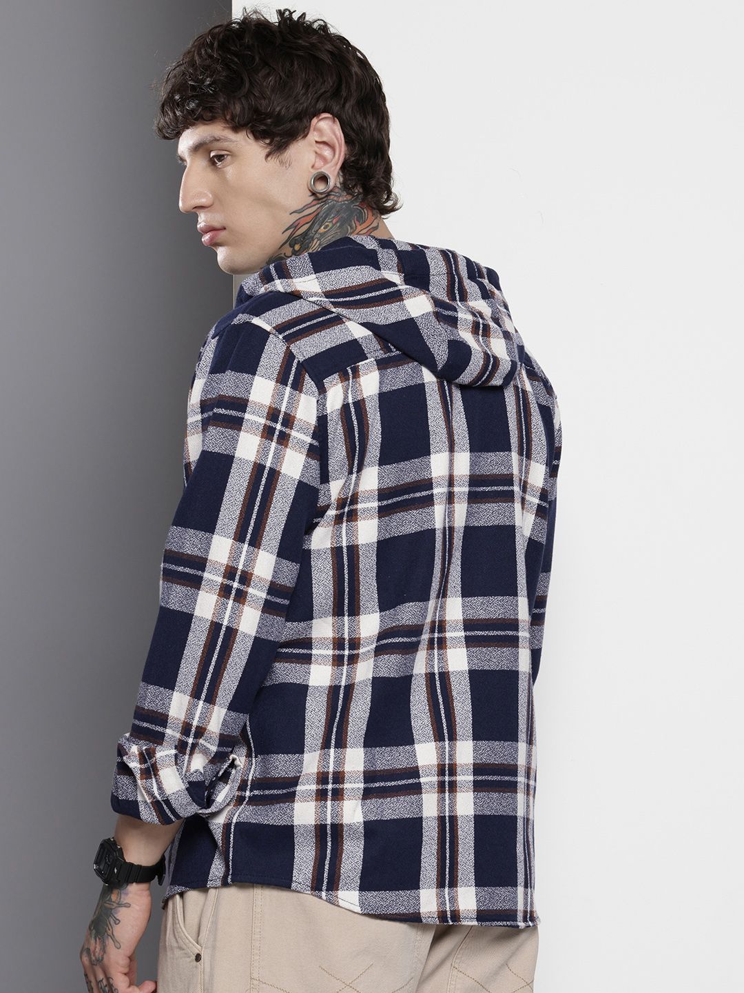 The Indian Garage Co Men Regular Fit Checked Casual Hooded Overshirt