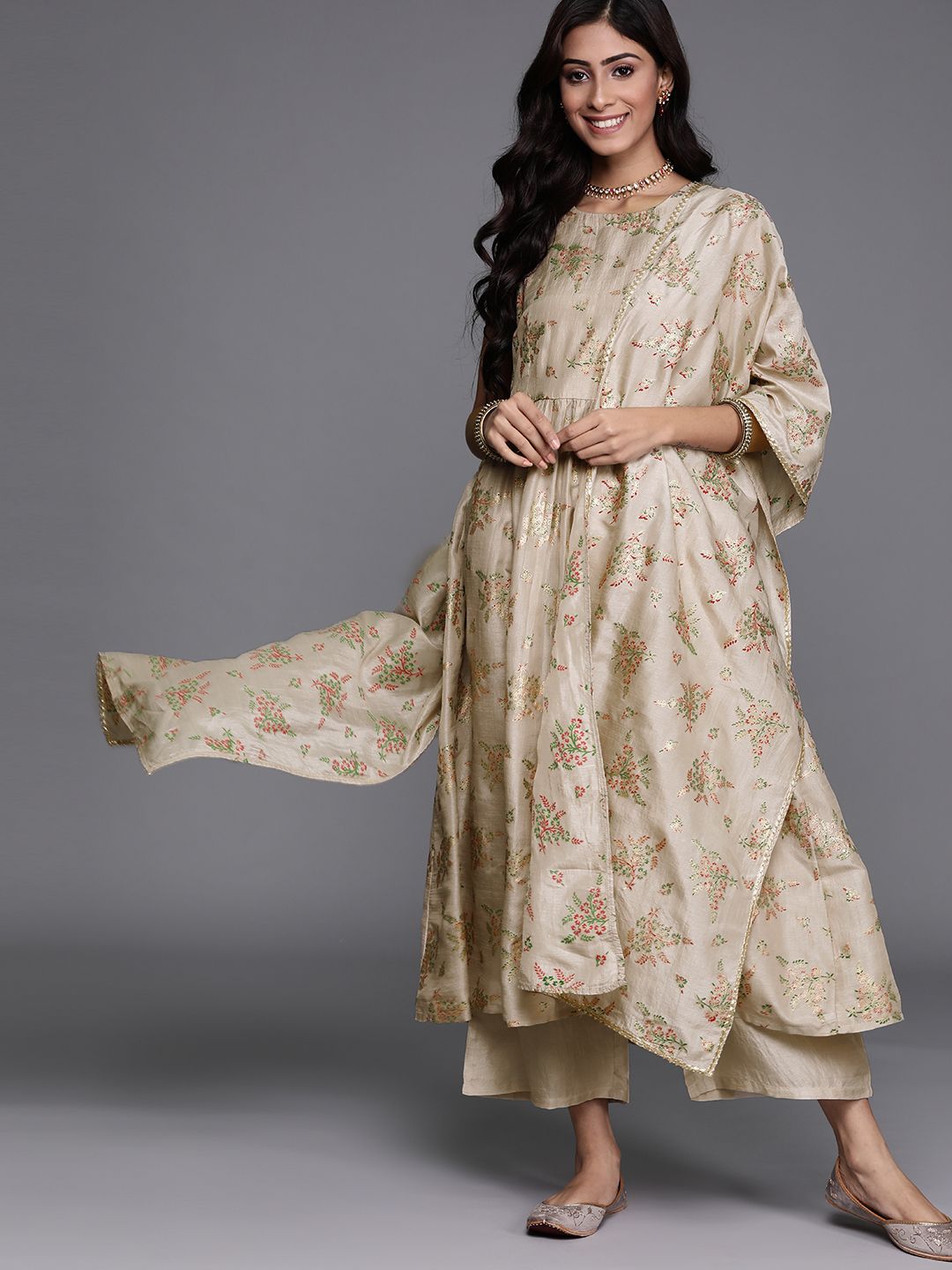 Libas Women Beige Floral Printed Regular Kurta with Palazzos & With Dupatta