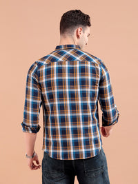 The Indian Garage Co Men Khaki & Navy Blue Slim Fit Checked Casual Shirt