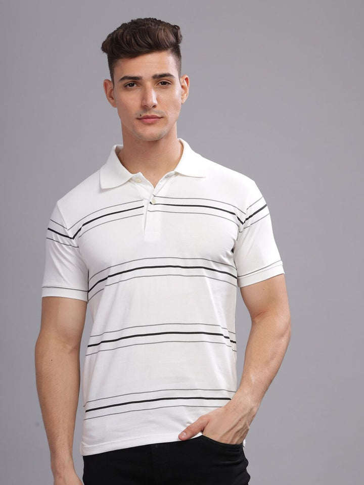 ADRO Striped Printed Polo Collar Short Sleeves Cotton Oversized Casual T-shirt