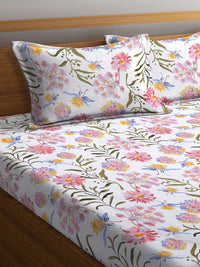 KLOTTHE White Floral Fitted 300 TC Super King Bedsheet with 2 Pillow Covers-270X270 cm
