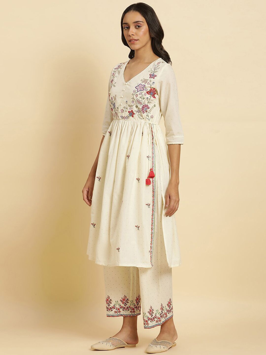 W Floral Embroidered Thread Work Pure Cotton A Line Kurta With Trousers & Dupatta