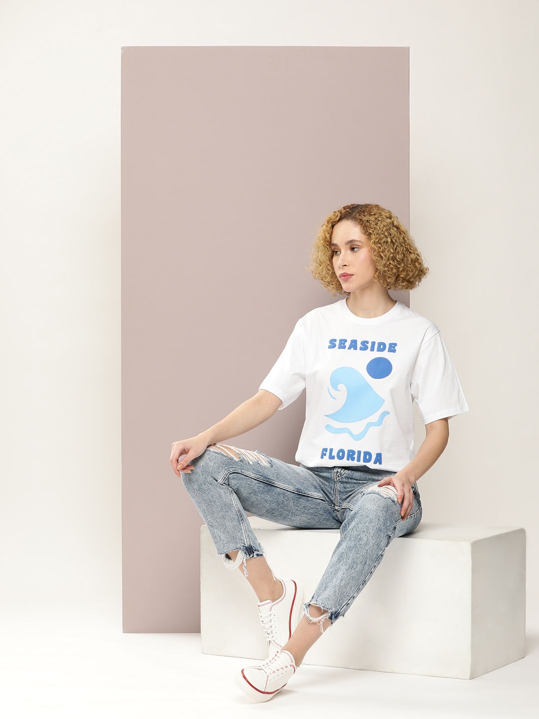 DILLINGER Women Graphic Printed Embossed Oversized T-shirt
