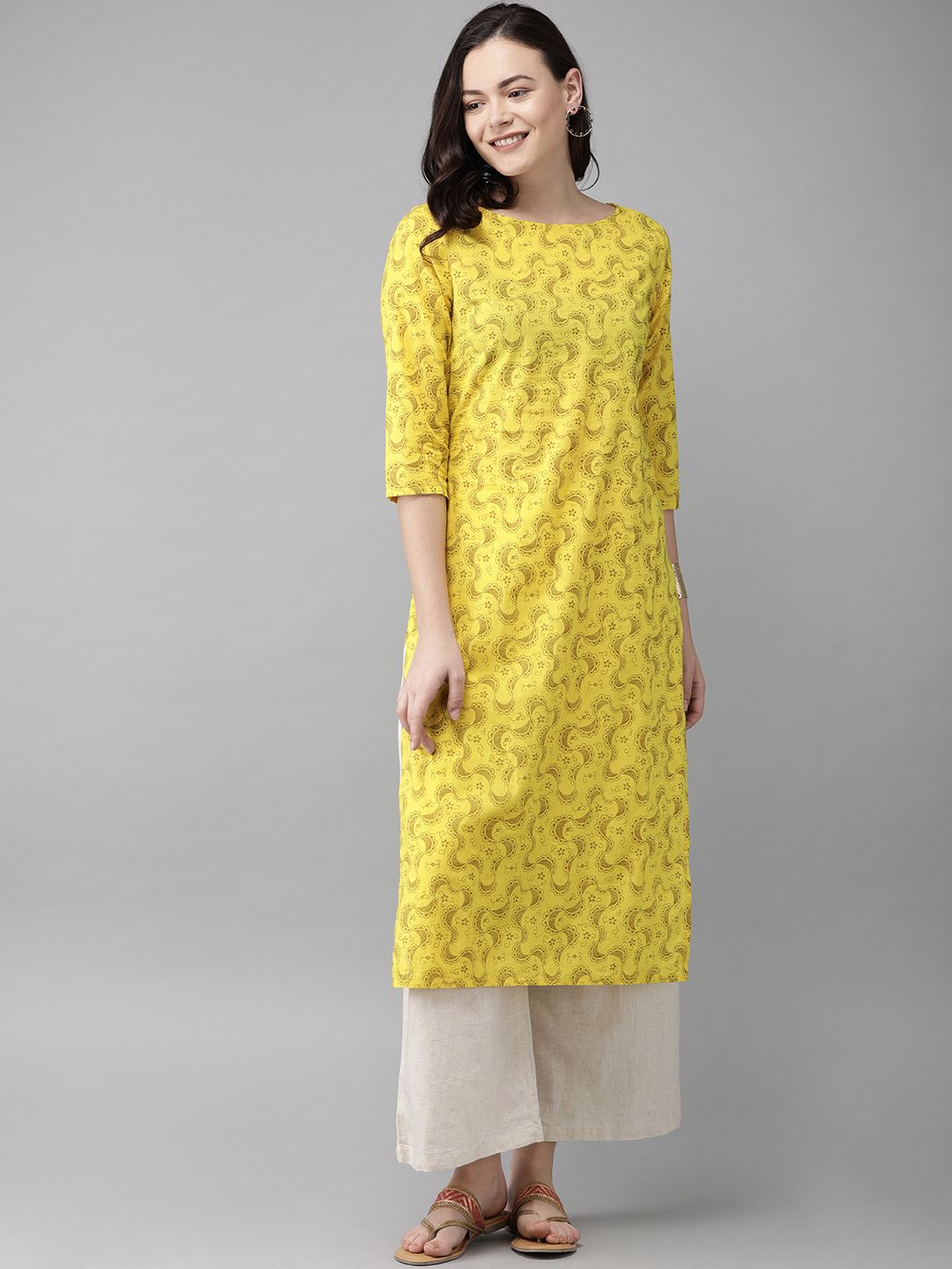 Anouk Women Yellow & Brown Printed Straight Kurta