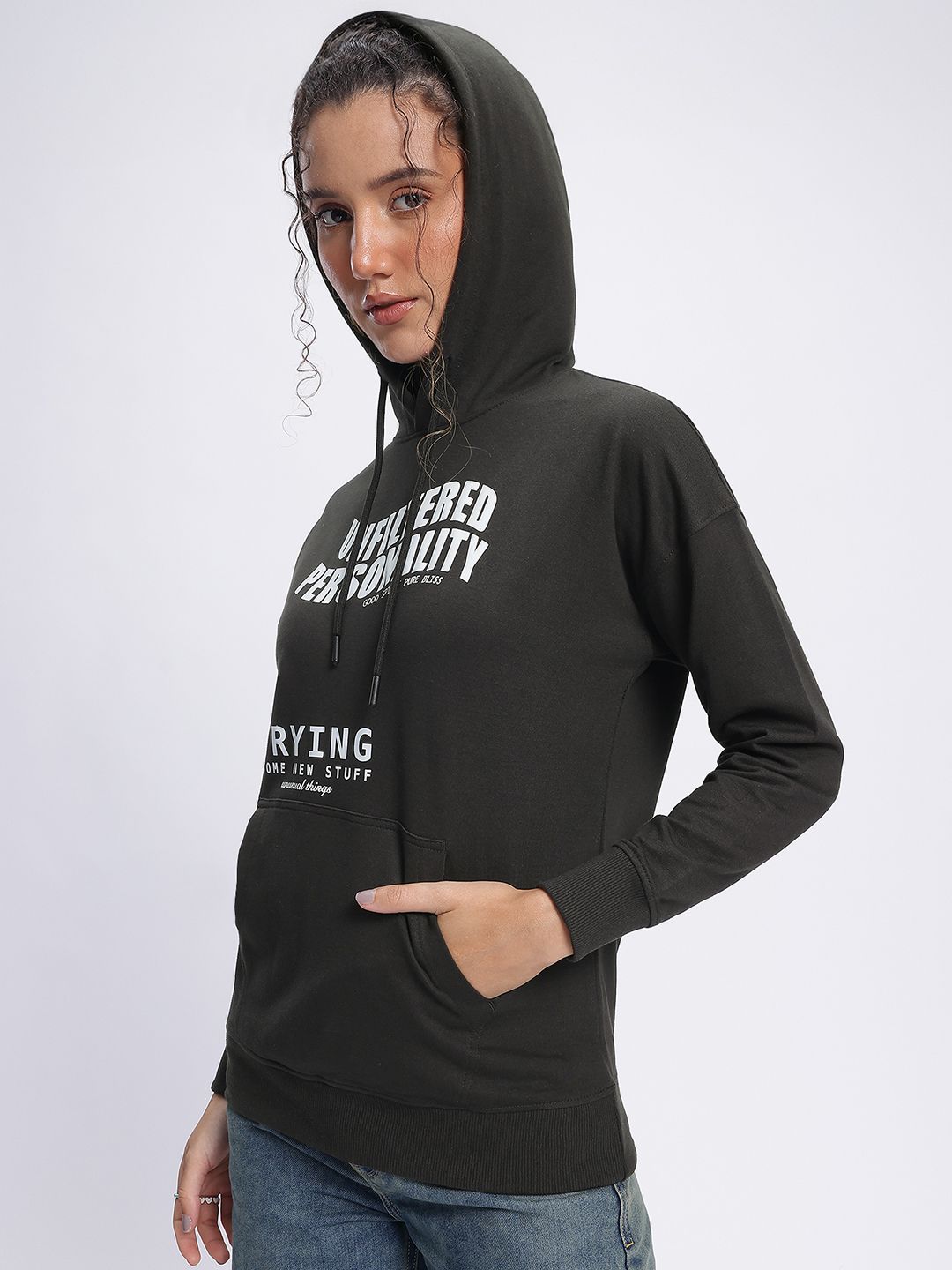 DressBerry Statement Print Hooded Drop-Shoulder Sweatshirt