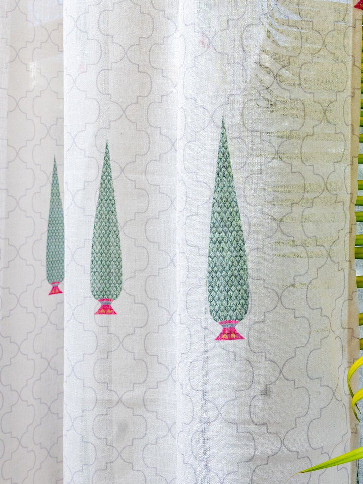 URBAN SPACE 2 Pieces White & Green Floral Sheer Door Curtain