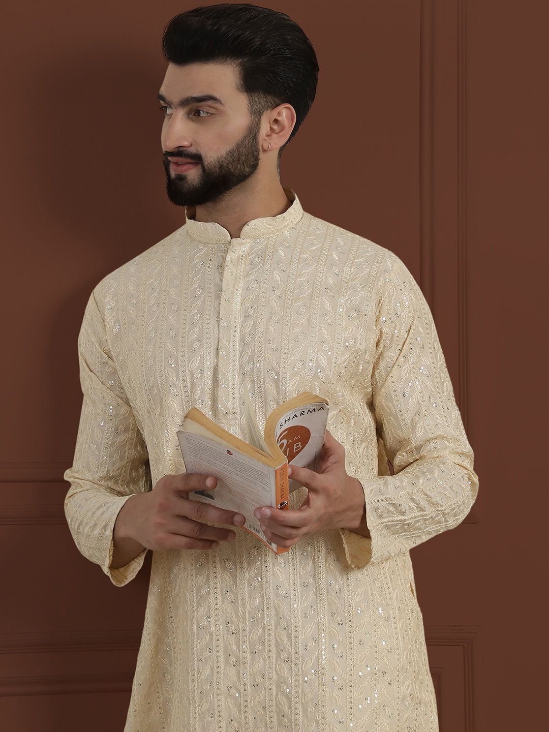 SOJANYA LUXE Bunga Sulam Labuci Mandarin Kolar Kapas Sutera Lurus Kurta