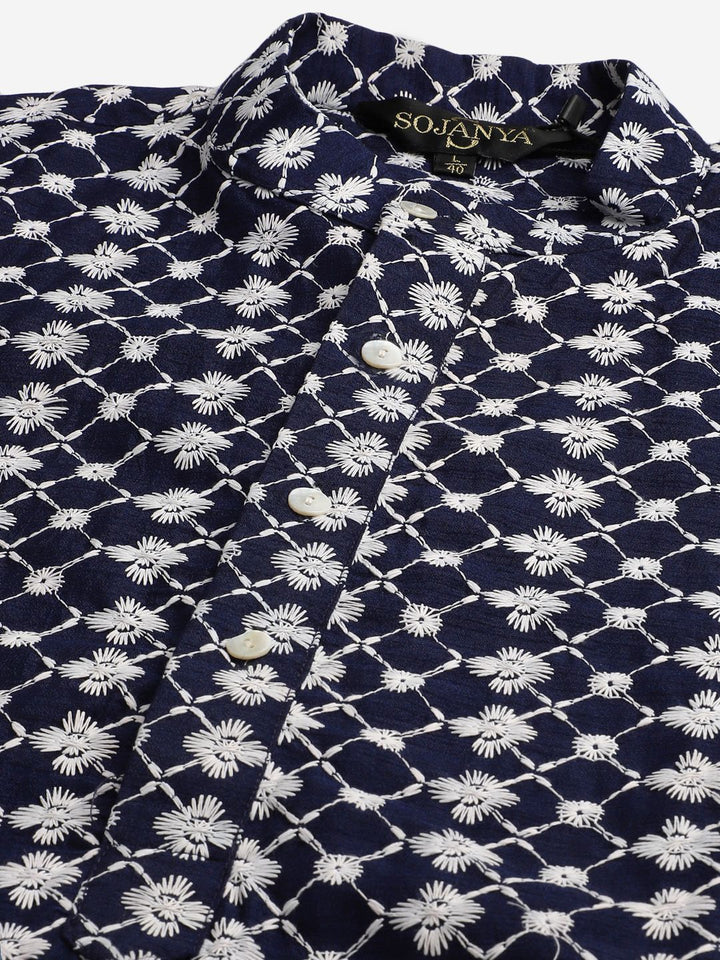 SOJANYA Men Navy Blue & White Woven Design Kurta with Pyjamas & Nehru Jacket