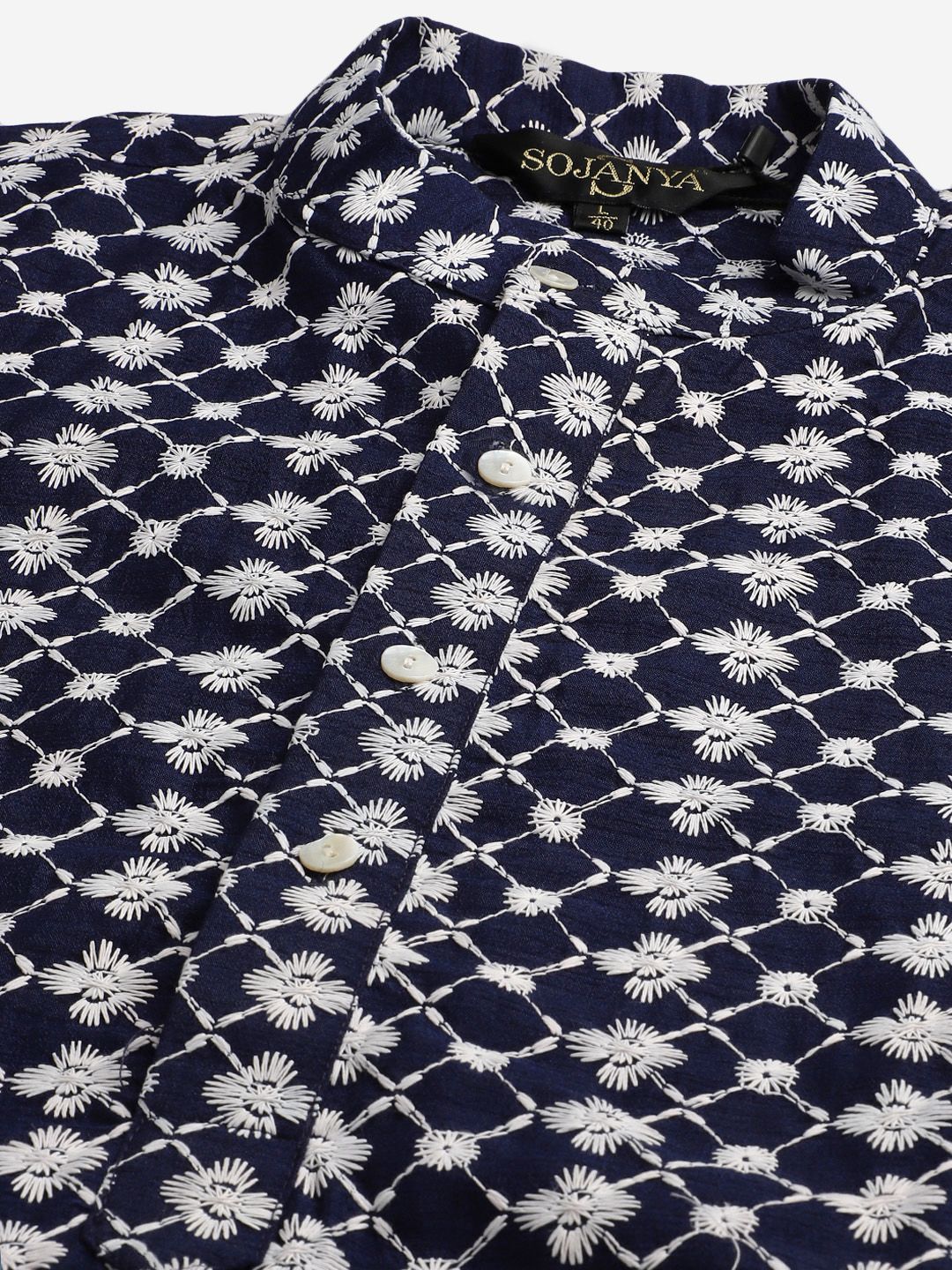 SOJANYA Men Navy Blue & White Woven Design Kurta with Pyjamas & Nehru Jacket