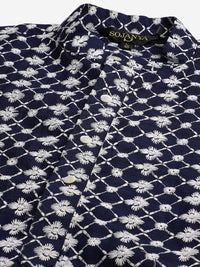 SOJANYA Men Navy Blue & White Woven Design Kurta with Pyjamas & Nehru Jacket