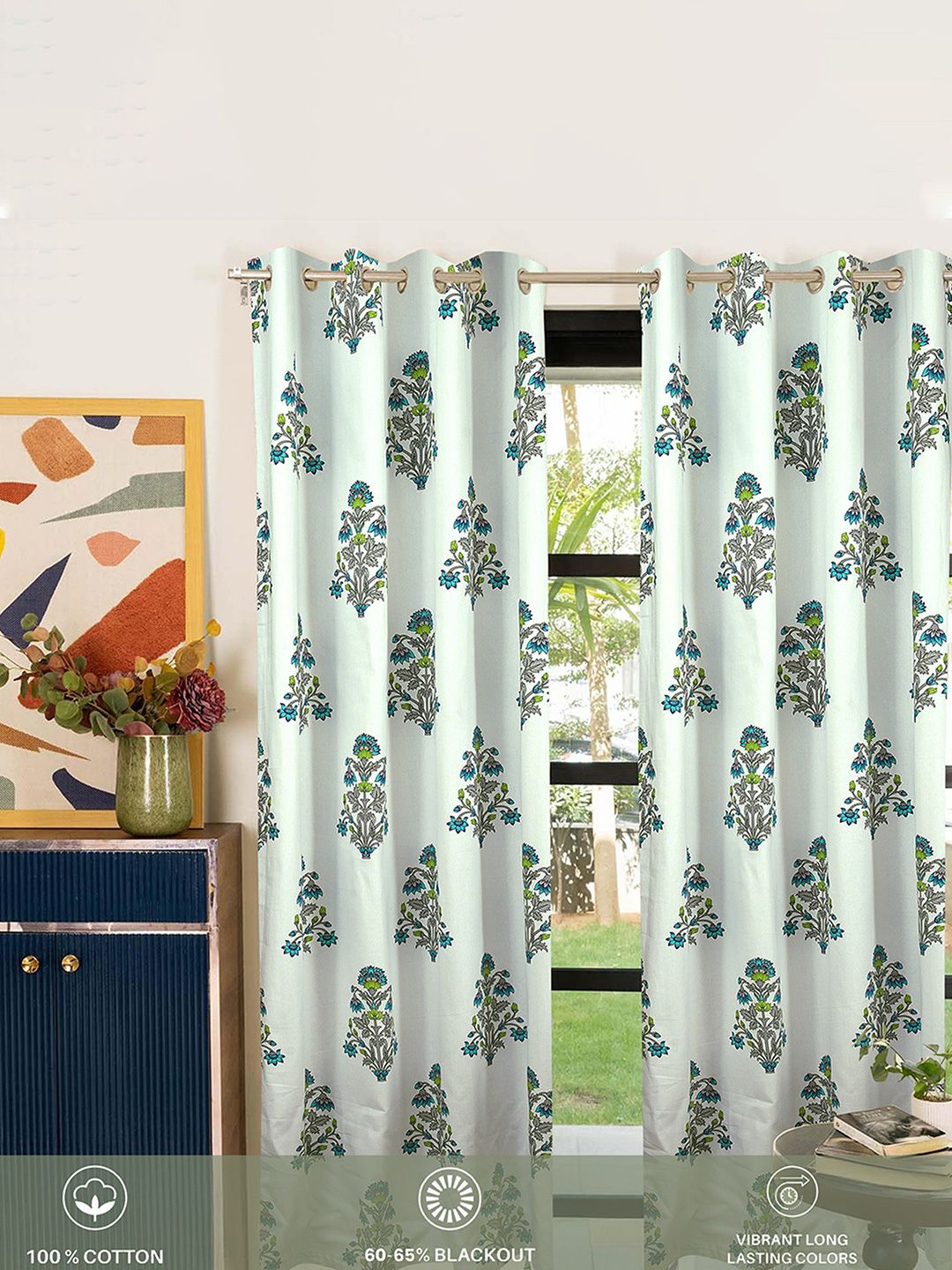 Cortina White & Green 2 Pieces Ethnic Motifs Printed Cotton Door Curtains