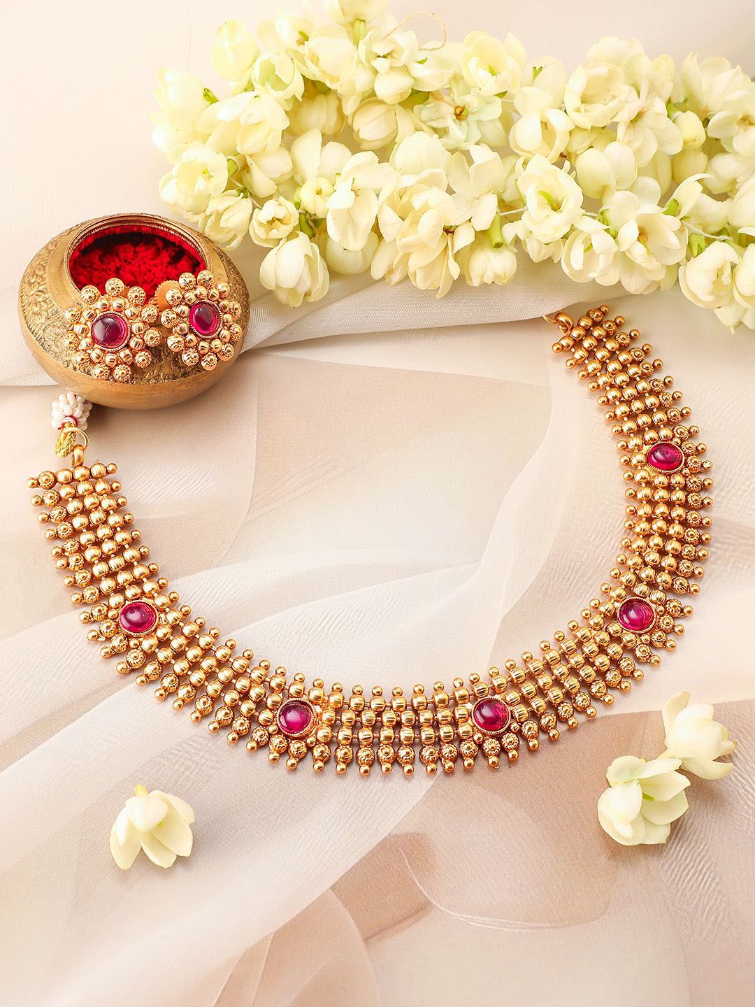 Rubans 22K Ruby Pink Pink Studded Kalung Choker Tradisional dengan Manik Emas