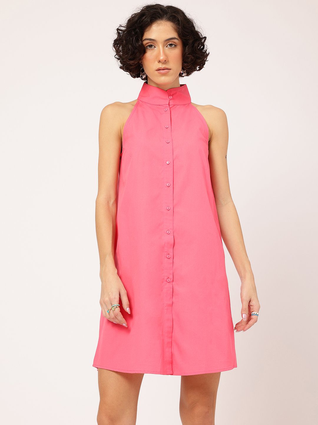 DressBerry Barbiecore Button-Up A-Line Dress