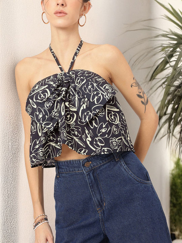 DressBerry Bow-Bliss Printed Halter Neck Top