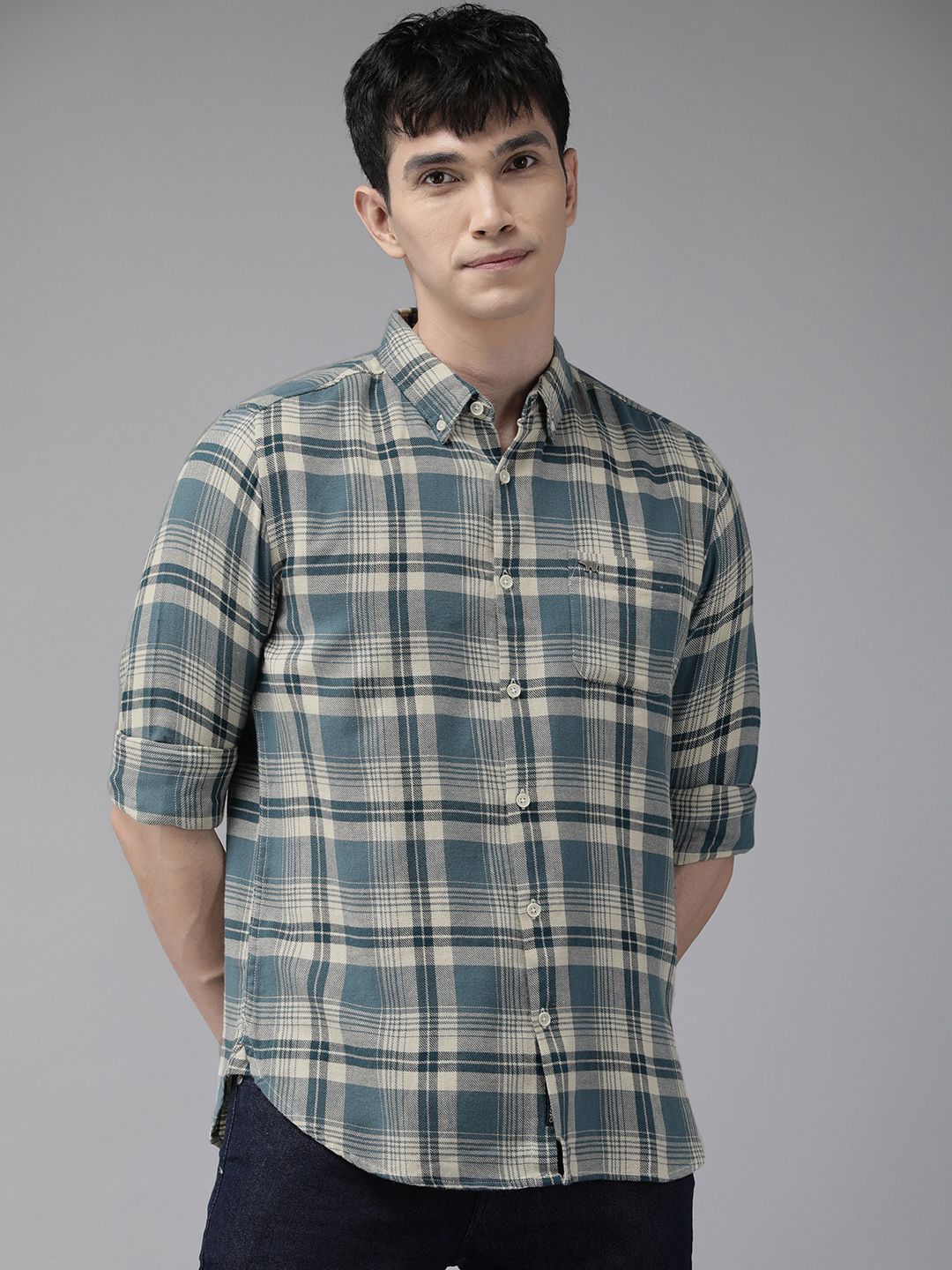 THE BEAR HOUSE Men Blue Slim Fit Tartan Checked Cotton Casual Shirt