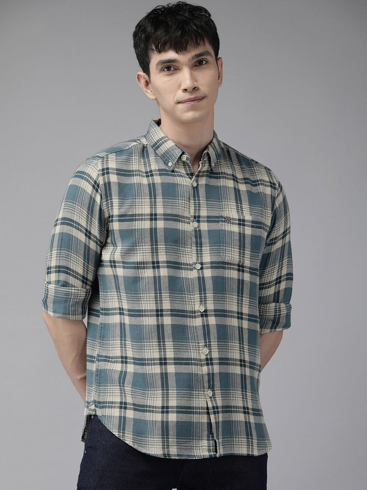 THE BEAR HOUSE Men Blue Slim Fit Tartan Checked Cotton Casual Shirt
