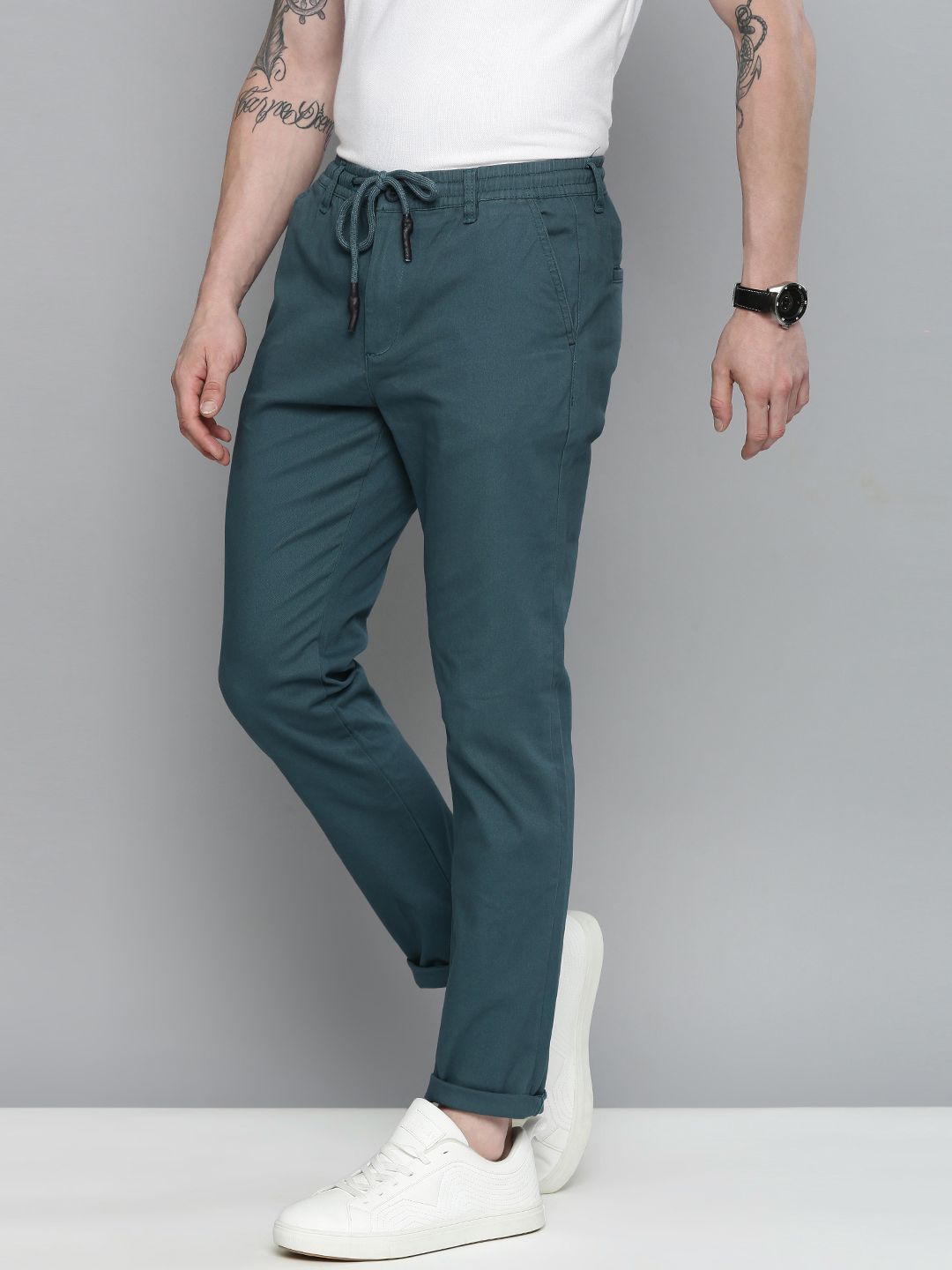 The Indian Garage Co Men Teal Slim Fit Chinos Trousers