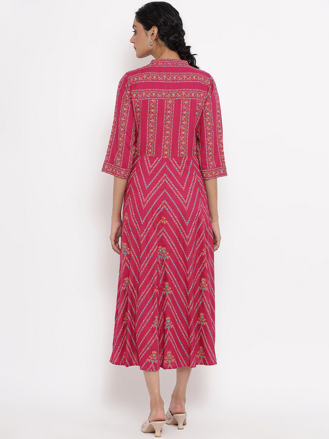 W Women Fuchsia & Pink Ethnic Motifs Ethnic A-Line Midi Dress