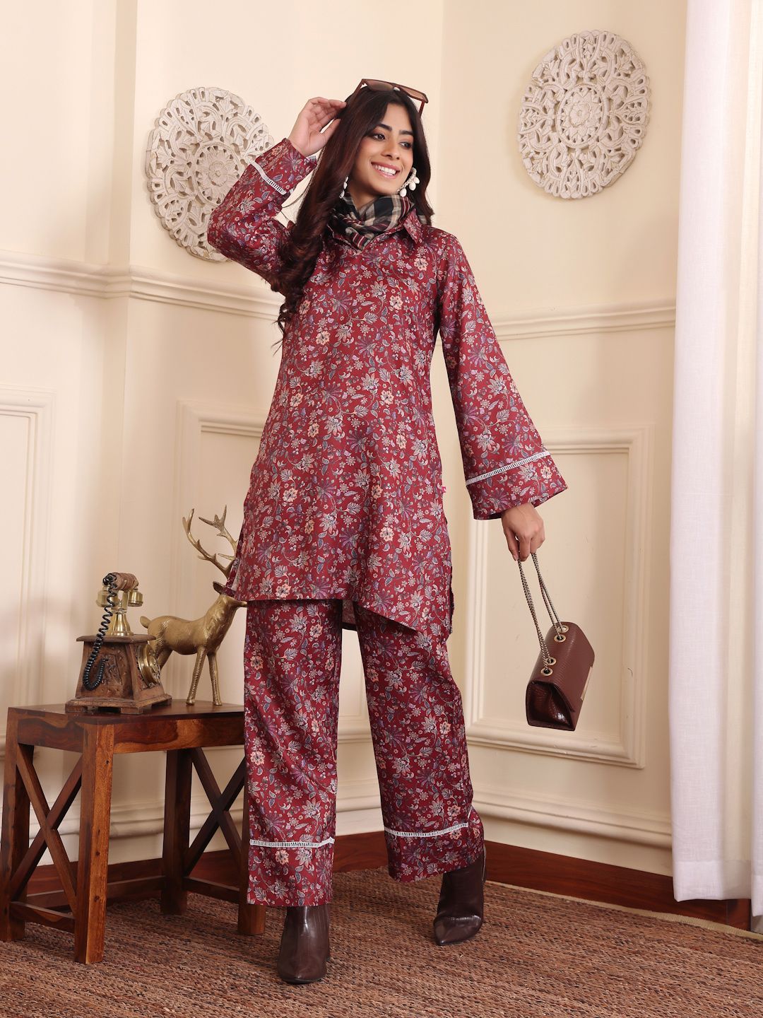 Varanga Floral Printed Shirt Collar Flared Sleeves Casual Tunic With Trousers