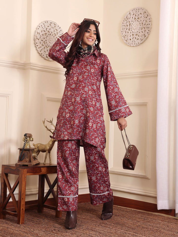 Varanga Floral Printed Shirt Collar Flared Sleeves Casual Tunic With Trousers