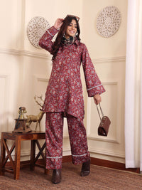 Varanga Floral Printed Shirt Collar Flared Sleeves Casual Tunic With Trousers