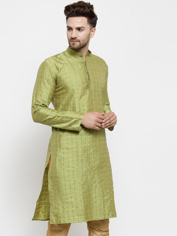 SOJANYA Men Green & Gold-Toned Checked Straight Kurta