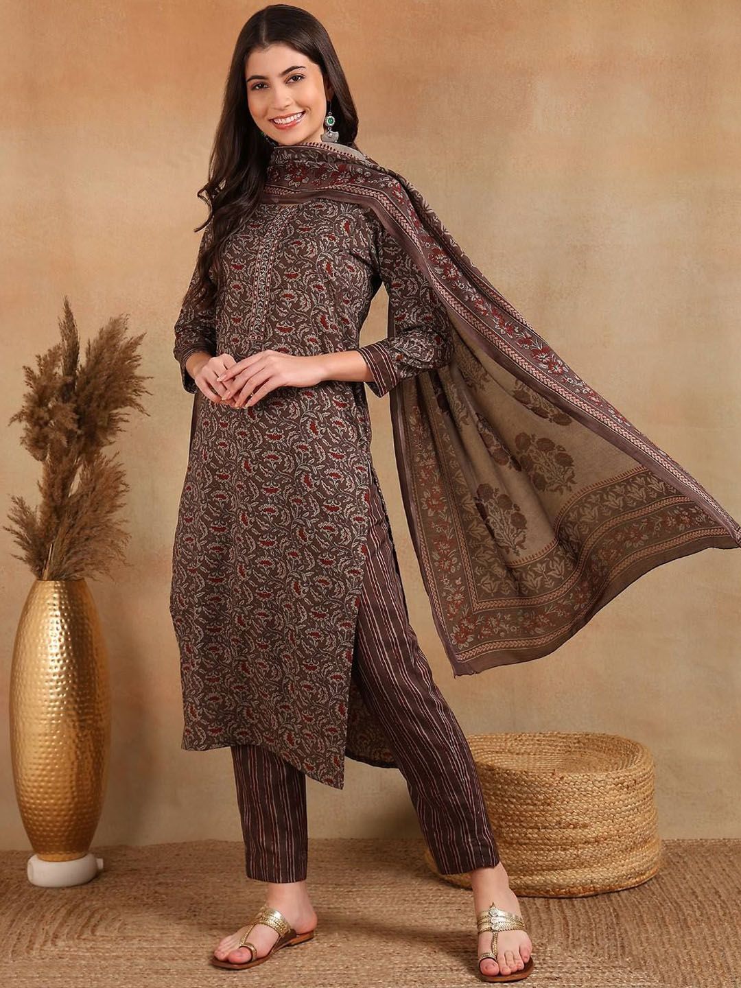 KALINI Floral Printed Straight Kurta with Trousers & Dupatta