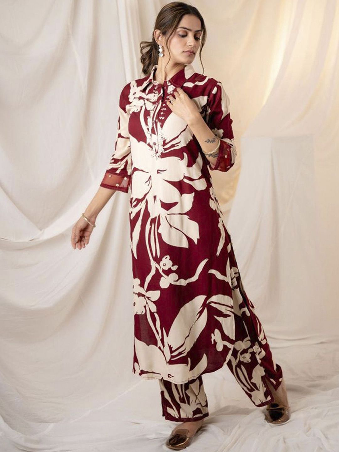 Indo Era Floral Printed Shirt Collar Sequinned Kurta with Trousers