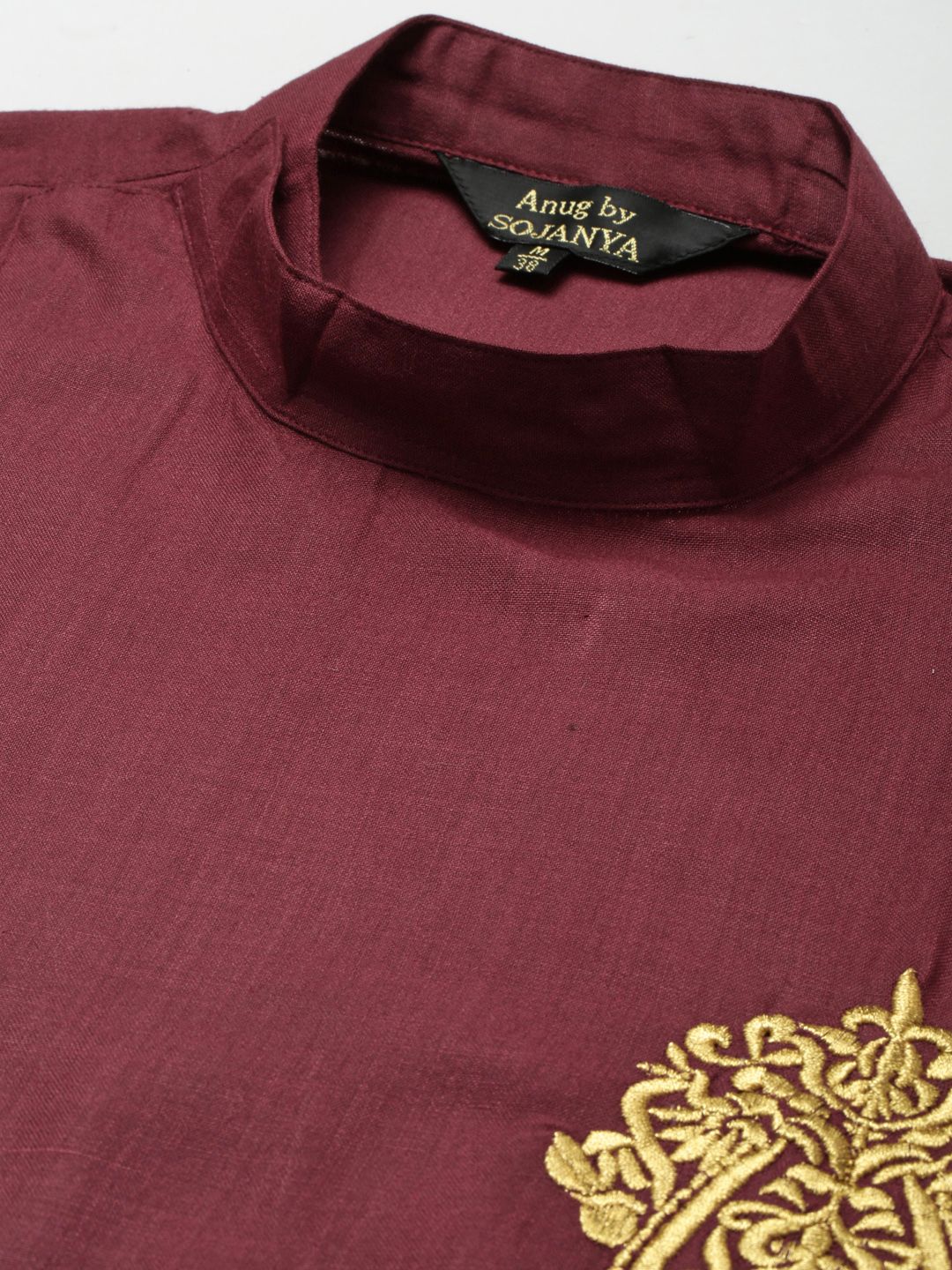 Anug by SOJANYA Men Maroon Thread Work Mandarin Collar Pure Cotton Kurta