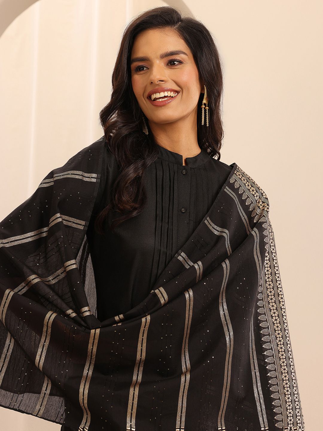 Libas Black Mandarin Collar Straight Kurta with Trousers & With Dupatta