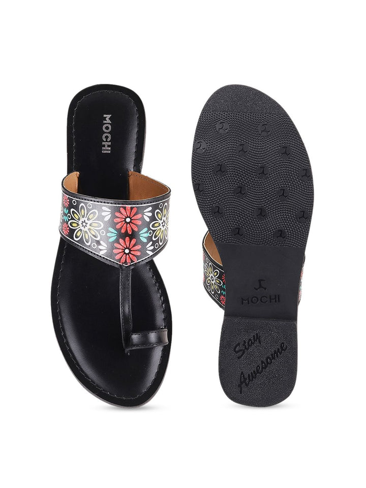 Mochi Ethnic Printed Leather One Toe Flats