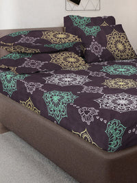 KLOTTHE Black Ethnic Motifs Printed 300TC Fitted Double King Bedsheet With 4 Pillow Cover