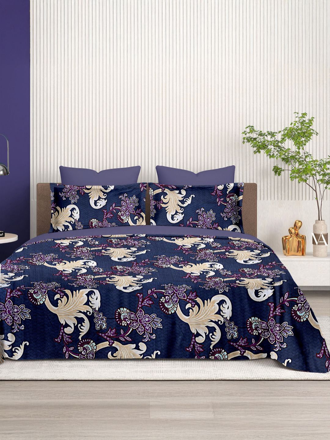 Cortina Glazed Cotton Navy Blue Paisley  140 TC King Bedsheet with 2 Pillow Covers
