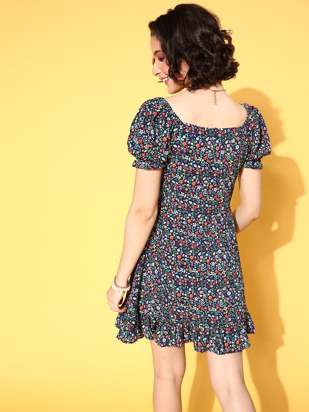 Berrylush Navy Blue Floral Crepe A-Line Mini Dress