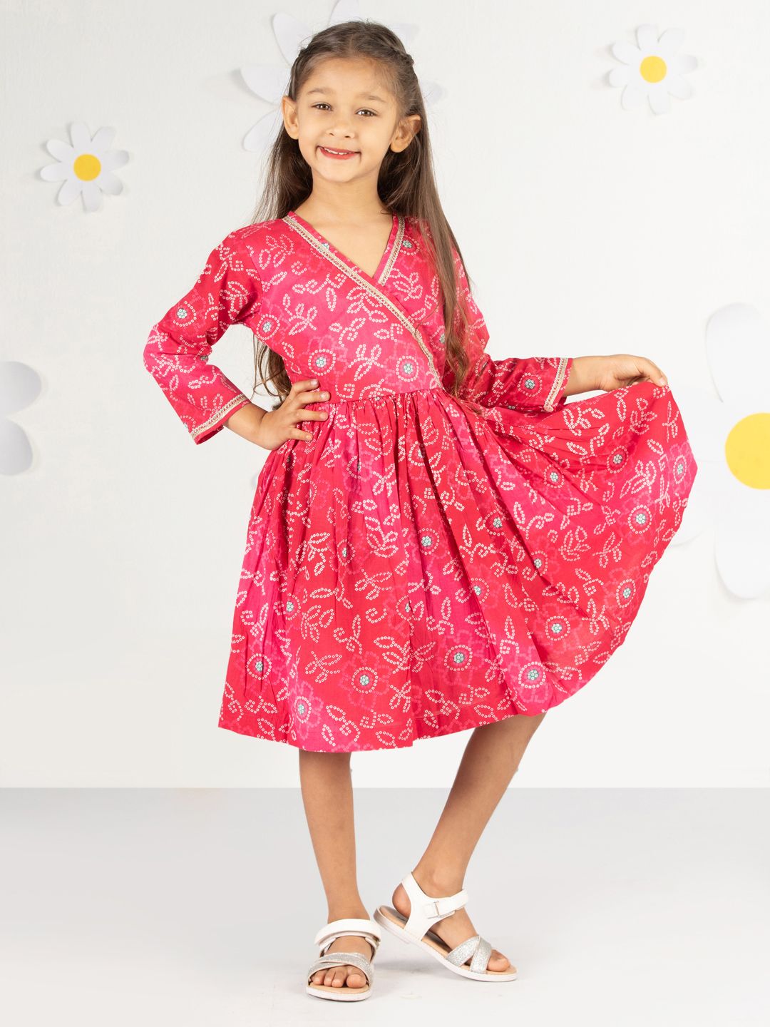 VASTRAMAY Girls Bandhani Printed Gotta Patti Cotton Fit & Flare Dress