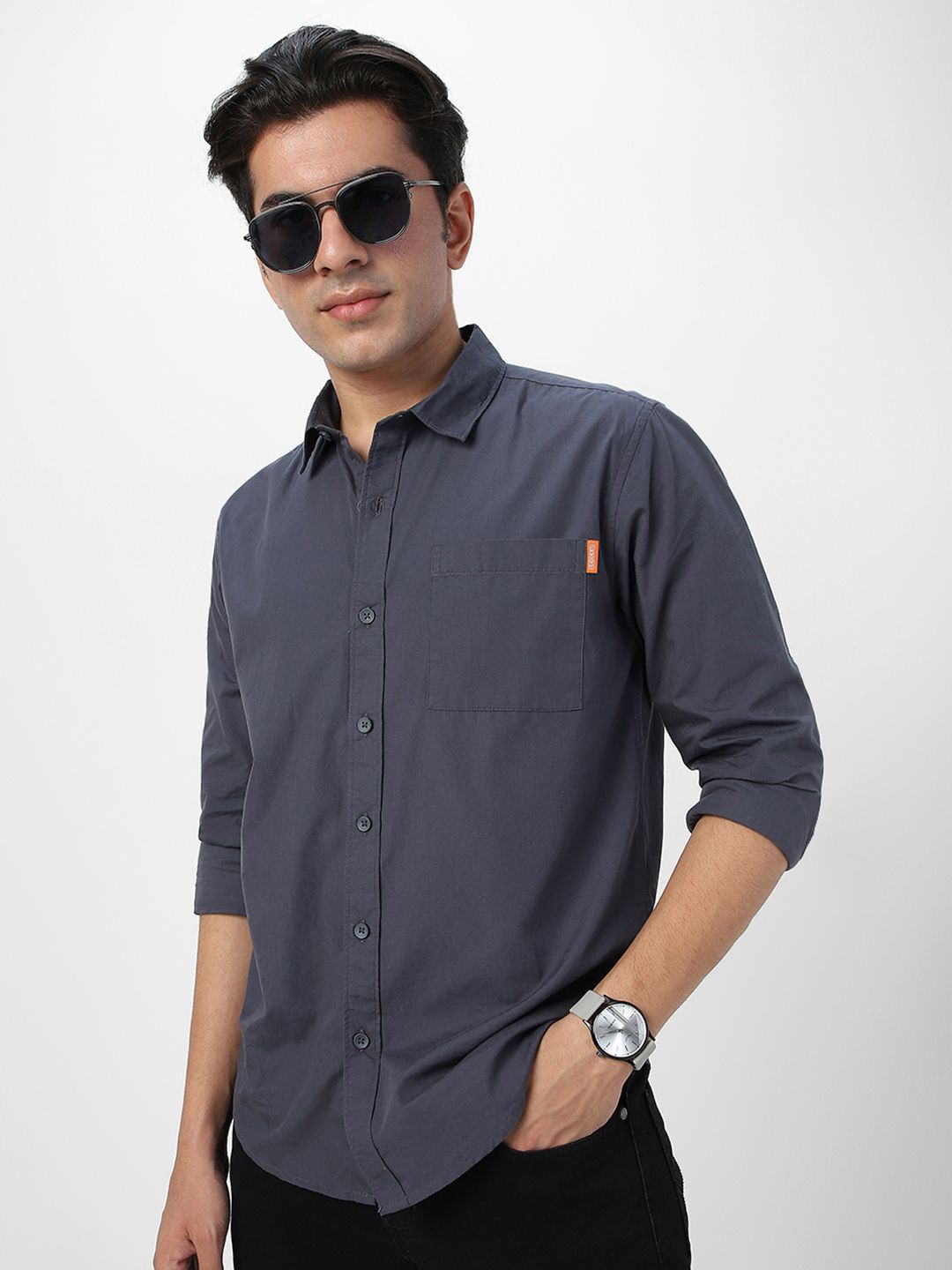 Urbano Fashion Men Spread Collar Solid Cotton Casual Shirt